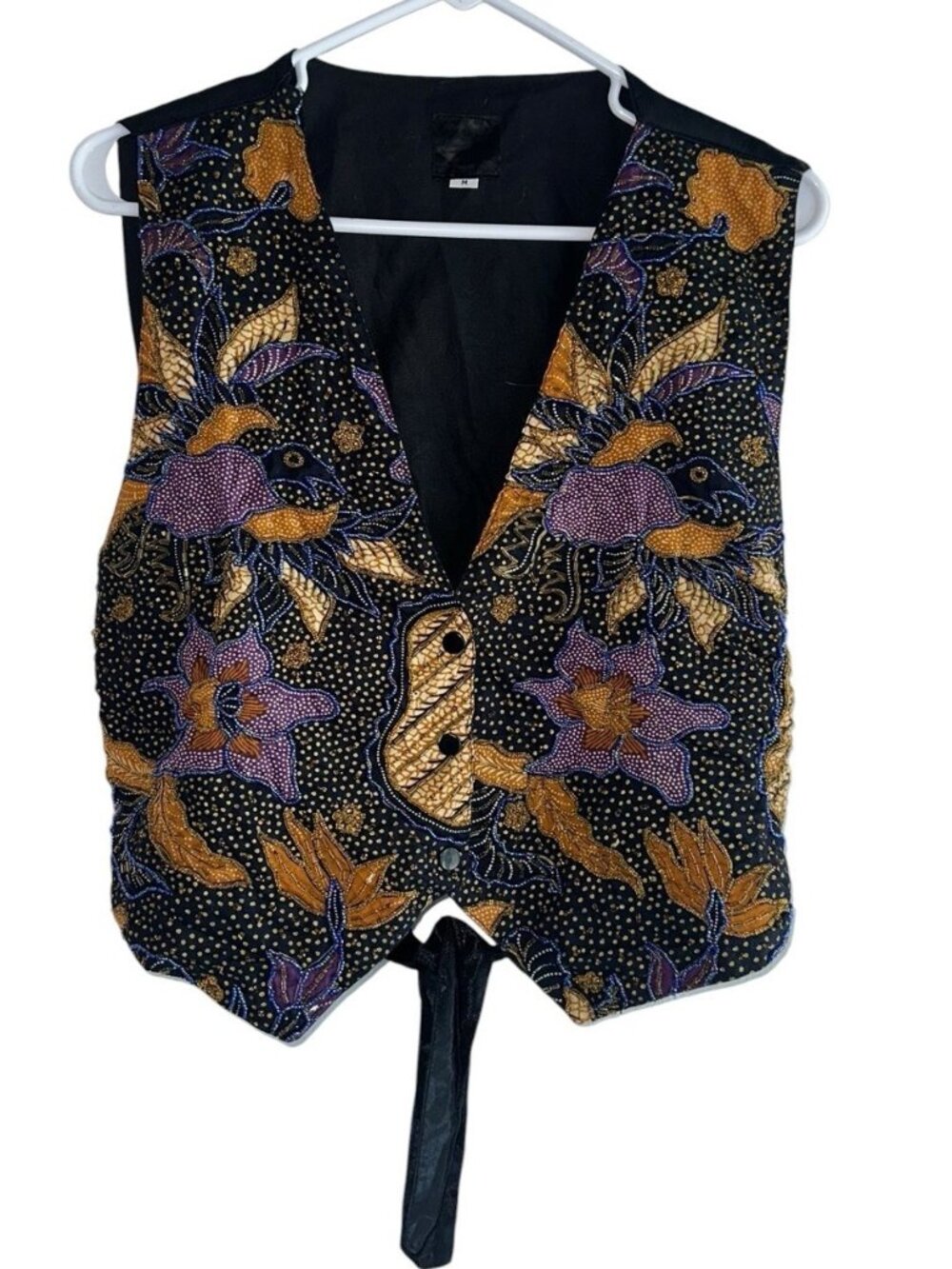 VTG Tan Chho Women’s Beaded Vest Sz M Black Purple Mustard Indie Boho Festival